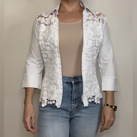 NaraCamicie | Italian Made White Zip Up 3/4 Sleeve Blouse - Picture 4 of 11